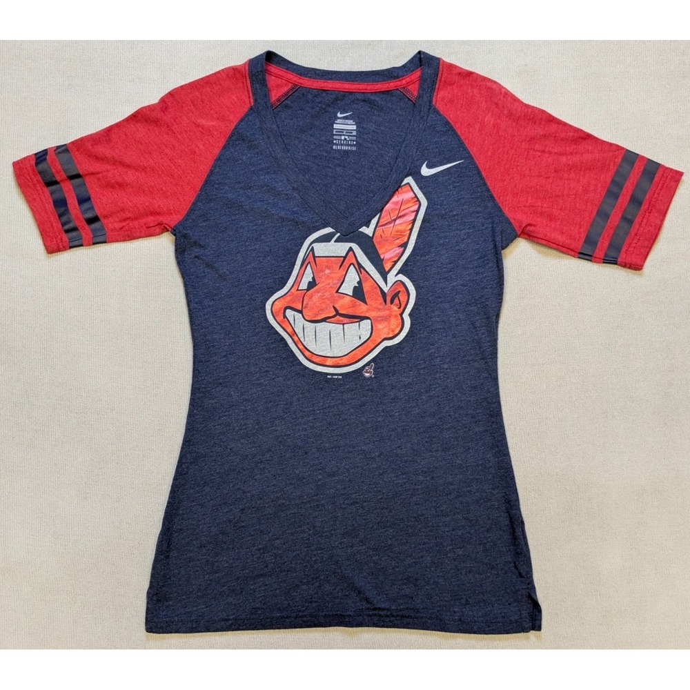 Cleveland Indians Shirt Womens Small Blue Nike V-Neck Raglan Ringer Guardians